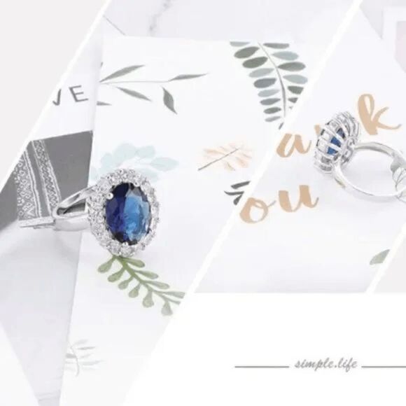 SAPPHIRE DIAMOND HALO WHITE GOLD RING - SIZE 7 - Picture 7 of 7